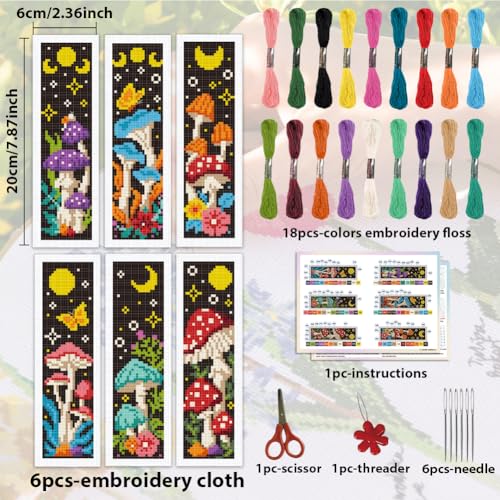 ACRNIGHEET 6PCS Cross Stitch Bookmark Kits Mushroom Pattern Stamped Cross Stitch Kits for Beginners Adults DIY Stamped Embroidery Bookmarks with Instructions Hand Embroidery Craft Gift - style: Mushroom patterns