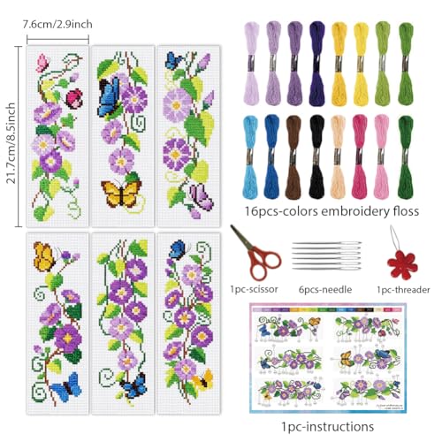 INFUNLY 6pcs Wisteria Floral Cross Stitch Bookmark Kit for Adults DIY Purple Vine Embroidery Bookmark Kits Butterfly Purple Flower Cross-Stitch Pre-Printed Bookmarks with Instructions for Book Lovers - style: Purple Flowers