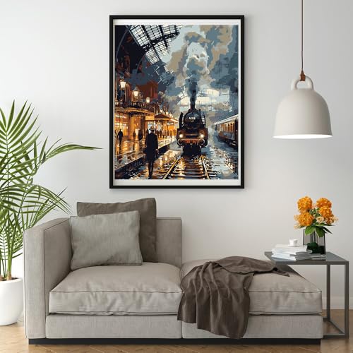 Moohue 14ct Counted Cross Stitch Kits for Adults Train Station Printed Stamped Cross Stitch Patterns Kits Cross Stitch Supplies (Train Station) - color: Train Station