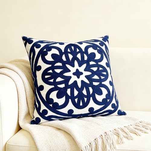 Slow Cow Embroidered Throw Pillow Cover 18 x 18 Inch Navy Blue - color: Navy Petal, size: 18" x 18" (Pack of 1)