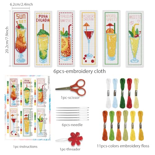 BEUNITONE 6 Pcs Summer Cross Stitch Bookmark Kits for Beginners Cocktail Sun Set Text Pattern Counted Cross Stitch DIY Stamped Embroidery Kits with Instructions for Book Lover Reader Writer 8''x2.4'' - style: Cocktail
