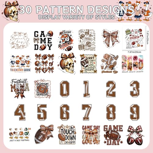 Football Iron on Transfers for Tshirts - 30Pcs Dtf Transfers Ready to Press, Football Mama Lovers Iron on Decals Patches, Sport Ball Game Day Heat Vinyl Stickers for Hoodies Clothes DIY Craft - color: Football931