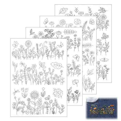 4 Sheets Water Soluble Embroidery Patterns, Stick and Stitch Patterns