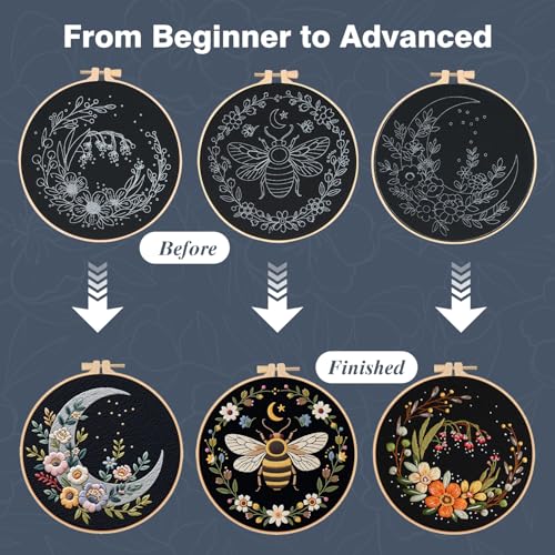 3Pack Embroidery Kits for Beginner Adult, Flower Moon Bee Pattern Hand Kit - color: Flower Bee Moon