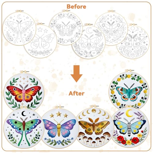 BEUNITONE 6 Set Moth Embroidery Kit for Adults Beginners, DIY Needlepoint Craft Kits with Instructions and Hoops, Complete Starter Set for Adults, Handmade Embroidery for Gifts and Home Decor 20x20cm - style: Moth