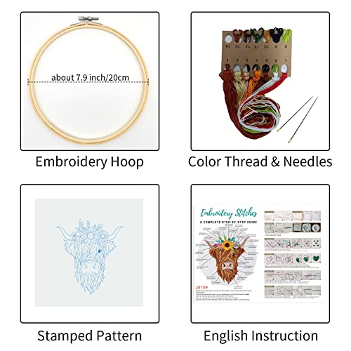 Louise Maelys Highland Cow Floral Embroidery Kit for Beginners Craft - color: kit-11