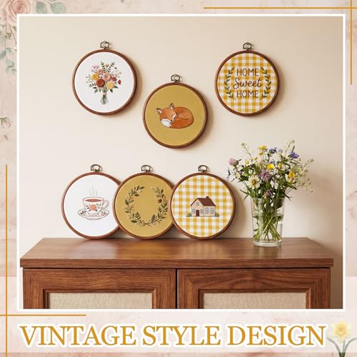 Tudomro 12 Pcs Decorative Embroidery Hoop with Fabric Set 6.7" Round Imitated Wood Cross Stitch Frame & 11.8" Yellow Pre-Cut Cloth Squares for DIY Art Craft Sewing Hanging Ornament - color: Mustard Brown