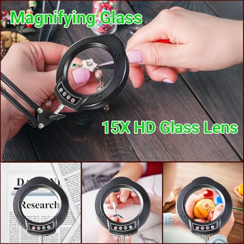 15X Magnifying Glass with Light and Stand, 5 Color Modes 10 Levels Adjustable Brightness, 2-in-1 Desk Lamp with Clamp, Hands Free LED Light Magnifier for Craft Hobby Reading Repair Close Works