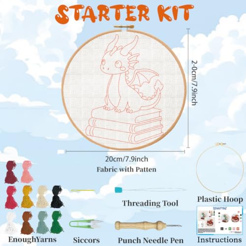 BEUNITONE 2PCS Punch Needle Kits with Dragon Book Pre-print Pattern Easy for Beginners, DIY Craft Embroidery Needlepoint Kits for Adults with Hoop Punch Needle Set for Craft Lovers Home Decor 7.9x7.9" - color: 10-Dragon Book