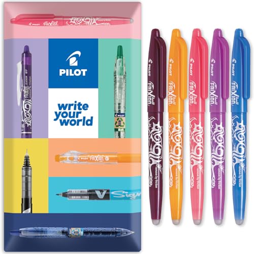 PILOT Frixion Heat/Friction Erasable Rollerball Pen FR7 - Medium Line 0.7mm Tip Nib - Pack of 5 in Envelope Gift Packaging - Wine Red, Coral Pink, Apricot Orange, Purple & Sky Blue