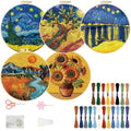 FREEBLOSS 5 Sets Embroidery Kit for Beginners Needlepoint Embroidery Starter Kit with Oil Painting Style Stamped Patterns, Instructions, Colored Threads, 2 Hoops 11.6"/29.5cm