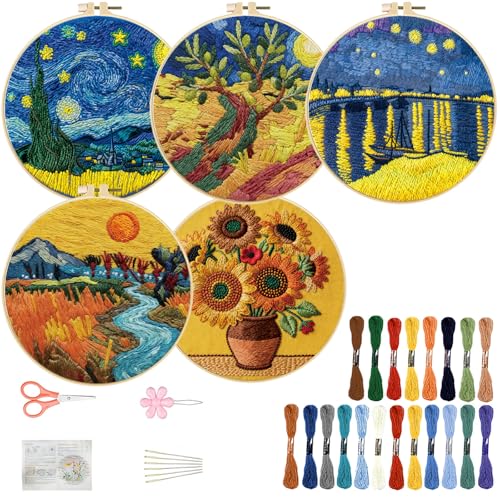 FREEBLOSS 5 Sets Embroidery Kit for Beginners Needlepoint Embroidery Starter Kit with Oil Painting Style Stamped Patterns, Instructions, Colored Threads, 2 Hoops 11.6"/29.5cm