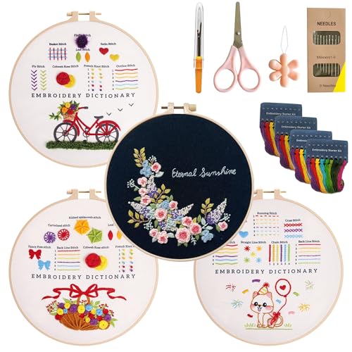 CornerLife 4 Pack Embroidery Kit for Beginners Adults, Hand Embroidery Kits with Pre-Stamped Floral Patterns and Instructions, Adjustable Hoop, Needlepoint Starter Kit DIY Art Crafts Gift (Flower B) - color: Flower B