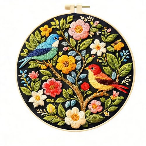 Zhenqing Floral Tree with Birds Embroidery Kit for Beginners, Pre-Printed 29x29cm Cotton Fabric with 20cm Hoop, Colorful Spring Garden Design (C0239)