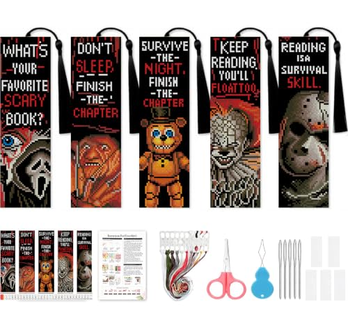 VIGEGU 5 Pcs Horror Stamped Cross Stitch Bookmark Kits for Adults Beginners - color: Halloween Cross-Stitch Bookmark2026 - 1