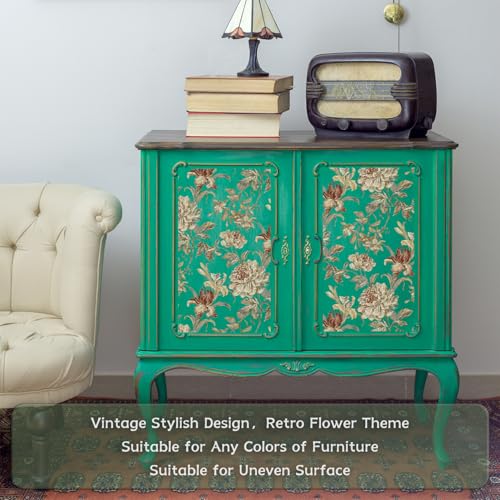 Vintage Floral Rub on Transfers for Furniture Large Flower UV DTF Stickers for DIY Nightstand, Wardrobe, Cabinet, 11.42" x22.83" Antique Flower Theme - style: Antique Flower Theme