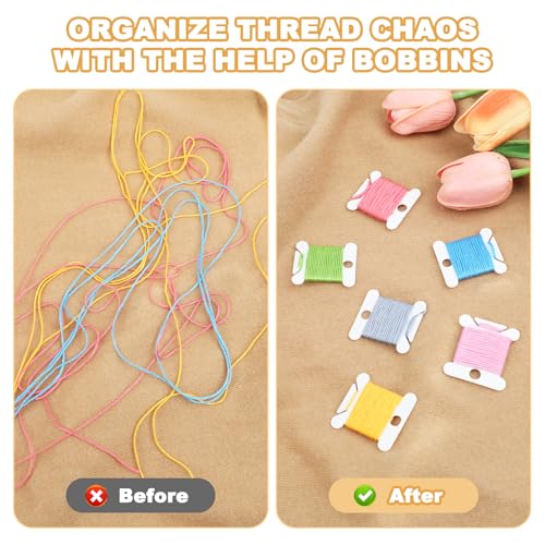 2 Sets Embroidery Floss Organizer, 400 Pcs White Floss Bobbins with 2 Pcs Bobbin Winders and 2 Number Stickers, Plastic Embroidery Thread Organizer, Cross Stitch Thread Storage for DIY Sewing Craft