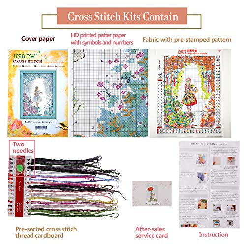 Printed Cross Stitch Kits 11CT 15X19 inch 100% Cotton Holiday Gift DIY Embroidery Starter Kits Easy Patterns Embroidery for Adults Crafts DMC Stamped Cross-Stitch Supplies Needlework Girl Adventure - color: Stamped 18.9X14.5 inch