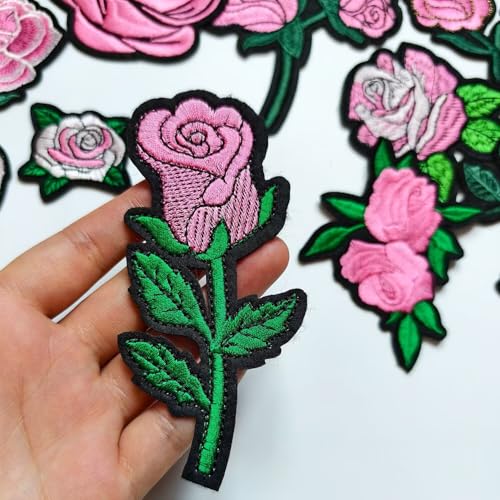25pcs Rose Iron on Patches, Assorted Sizes Pink Floral Embroidered Patches Applique for Clothes Hats Jeans Jacket - color: Pink Rose