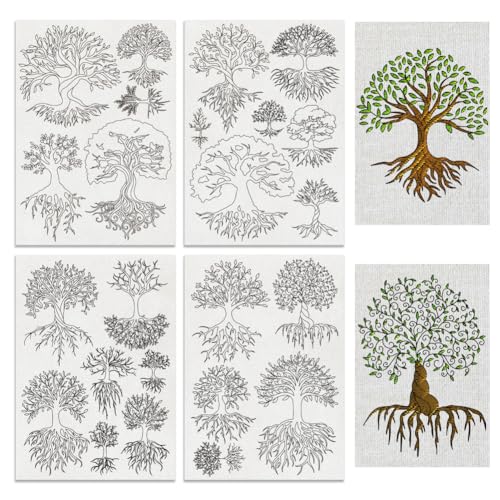 BENECREAT 4Sheets 24Pcs Trees Water Soluble Embroidery,11.7x8.3inch Branches Leaves Stick and Stitch Embroidery Paper Stabilizer for Shirts, Coats, Bags - color: Trees of Life