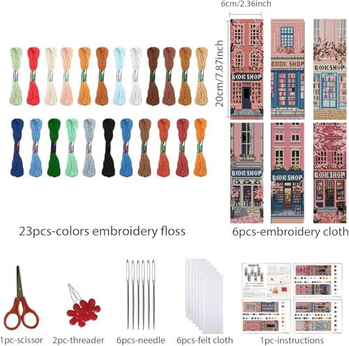 KYOQFVN 6 Pack Book Store Cross Stitch Bookmark, Cross Stitch Bookmarks Kit for Beginners Adults, 14CT Embroidery Bookmark Kit for Book Lovers Starter Craft 6 x 20cm - color: SQH002