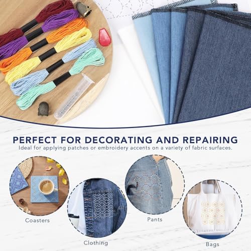 Onism Sashiko Embroidery Kit for Beginners, 7 Colors Thread & Denim Fabric
