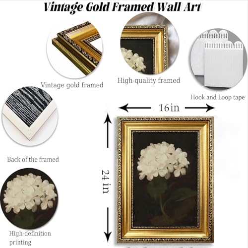 Gold Framed White Hydrangea Flower Wall Art,Vintage Floral Canvas Painting - color: Hydrangea Gold Framed, size: 24"L x 16"W