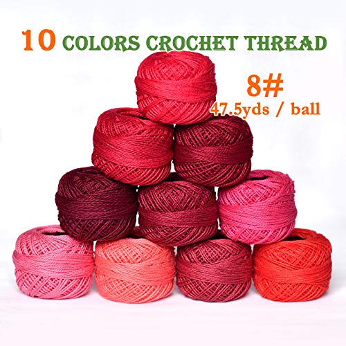 Crochet Thread 10 Balls Cardinal Size 8 for Crochet Hardanger Cross Stitch Needlepoint Hand Embroidery (Red) - color: Red Series