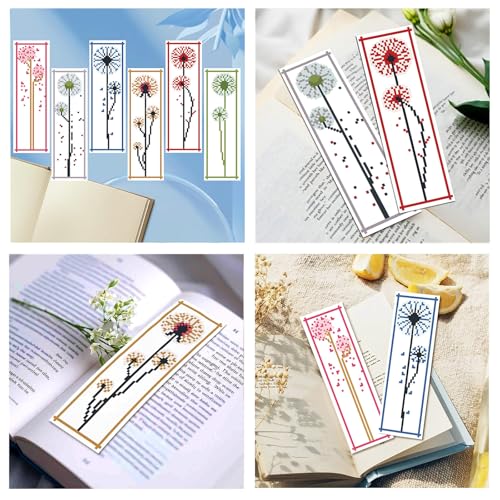Zhenqing Dandelion Stamped Cross Stitch Bookmark Kit, 6 Floral Designs for Beginners, Book Lover Gift - color: Dandelion Bookmark