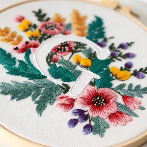 Zerzsy 7.87 '' Embroidery Kits Plant Flower Leaf English Letter Patterns for Beginners Adults, Easy to Learn Cross Stitch Kit for Home Office Decor - color: Letter G