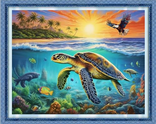 Dooxvey Cross Stitch Kit for Adult Beginners - 11CT Underwater Turtle Pattern, 16x20 inch - color: Artpattern02