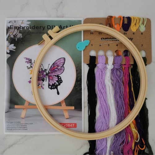 Embroidery Starter Kit for Adult Beginner with Butterfly Flower Pattern - color: Purple