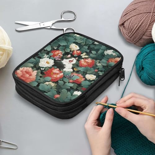 Kathyboom Cat Flower Large Capacity Crochet Hook Case, Organizer Zipper Bag with Web Pockets for Various Crochet Needles and Knitting Accessories,Easy to Carry - color: Cat Flower