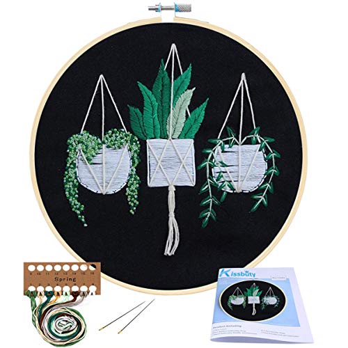 KISSBUTY Full Range of Embroidery Starter Kit with Pattern, Cross Stitch Kit Including Stamped Embroidery Fabric with Pattern, Bamboo Embroidery Hoop, Color Threads and Tool Kit (Hanging Plants)