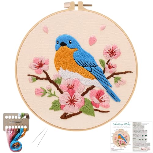 Louise Maelys Blue Bird Embroidery Kit for Beginners, DIY Floral Kit - color: Blue Bird