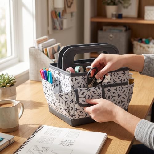 Everything Mary Desktop Organizer Caddy – Collapsible Craft & Sewing Storage Tote, Grey Geometric, Portable with Handles - color: Dark Grey