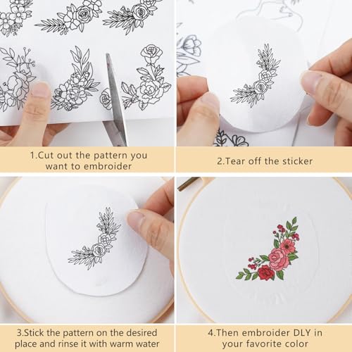 Flower Water Soluble Embroidery Patterns, 6 Sheets 48 Pcs Stick and Stitch Embroidery Papers, Wash Away Pre-Printed Floral Pattern Transfers Paper, Customized Gift for Hand Sewing Lover Beginners - size: Floral