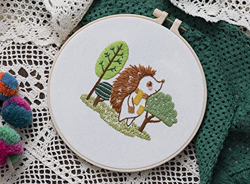 Ebherys Level 1 Embroidery Kits for Beginners and Adults, Different Animals Pattern, 1set as a Pack, inculde 1 Hoop, Instruction and Enough Threads, Easy and Basic Stitches (Hedgehog) - color: Hedgehog