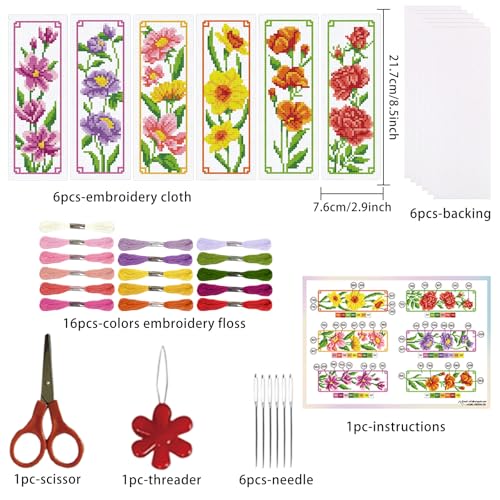 ORIGACH 6 Set Floral Magnolia Rose Cross Stitch Bookmark Kit for Beginner - style: Floral