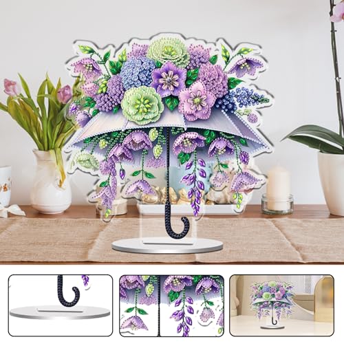 POETRYDRAW DIY Diamond Art Ornament Desktop Kit Umbrella Flower, Stand Up Acrylic Diamonds Painting Ornament for Adults, 5D Special Diamond Gem Craft Tabletop Placement Board Kit - color: Umbrella Flower
