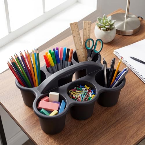 6 Pack 6 Cup Caddy for Classroom Plastic Round Desk Table Caddy, Black - color: Black