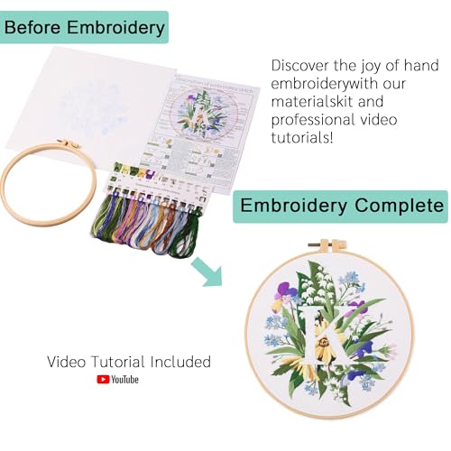 Harimau Letter K Pattern Embroidery Kit for Adult Beginners, Complete Starter Pack with 1 Hoop, Needles, Instruction Guide & Embroidery Stitch Video Tutorials - color: K