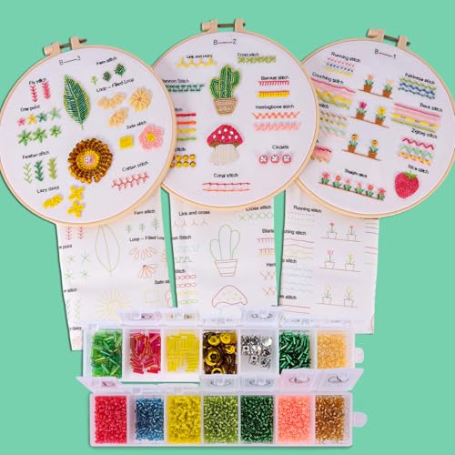Bonroy Beginners Embroidery Practice kit 3 Sets to Learn 30 Different Stitches for Craft Lover Hand Stitch with Embroidery Fabric with Skill Techniques (BY-BD-S) - color: BY-BD-S