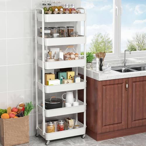 Sywhitta 6-Tier Plastic Rolling Utility Cart with Wheels for Storage,White - color: White, size: 6-tier