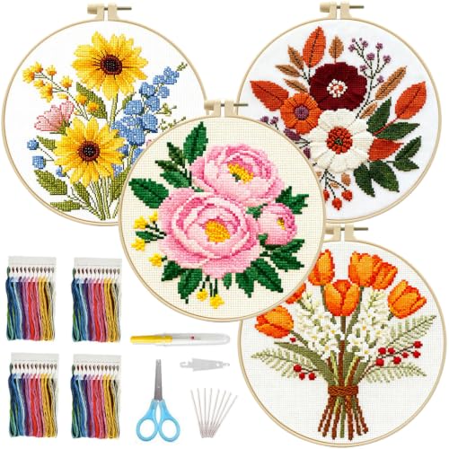 FEIYUENO 4 Pack Flower Pattern Embroidery Kit for Adults Beginner, Floral - color: Floral