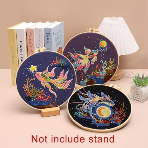 Konrisa Stamped Embroidery Kit for Adults, 3 Set Elegant Goldfish DIY Sewing Needlepoint Cross Stitch Kit with Embroidery Floss,Hoops,Color Thread,Needle,1 pc Hoop - color: fish