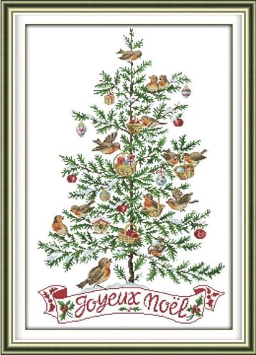 Rosyfoxes Cross Stitch Kits Stamped Full Range of Embroidery Starter Kits for Adult DIY 14CT 2 Strands -Printed kit The Christmas Tree with Birds (Printed) 18.1×25.2inches - color: The Christmas Tree With Birds(printed)18.1×25.2inches