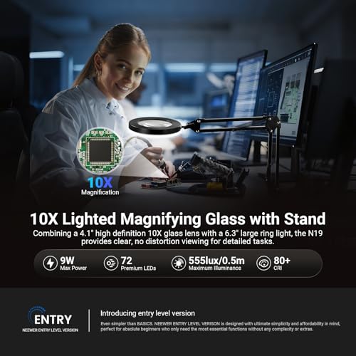 NEEWER Entry Level Version 10X Magnifying Glass with Light & Clamp Stand, 6.3" Bi Color Dimmable Magnifier Lamp LED Ring Light CRI80+ for Desk Crafting Reading Close up Work, N19 - style: N19