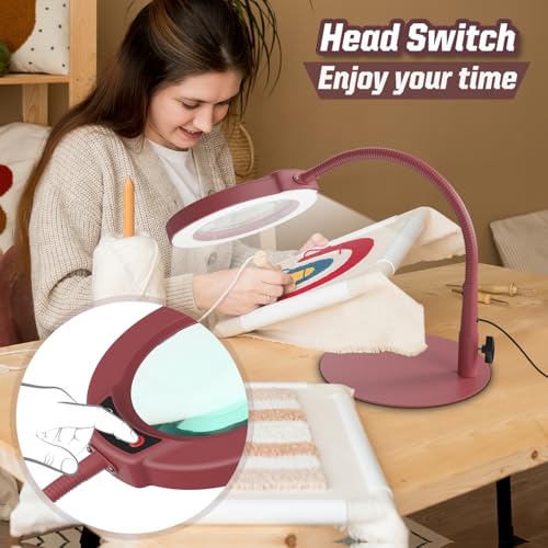 10X Magnifying Glass with Light and Stand, 5 Color Modes Stepless Dimmable LED Lighted Desk Lamp, Hands Free Flexible Gooseneck Magnifier with Light for Craft Hobby Painting Close Work - Red - color: Red, size: 10X-12.6in