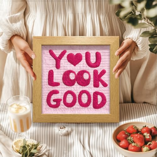 BEUNITONE Punch Needle Kit for Adults Beginners with Blessings Text, Complete DIY Craft Needlepoint Kits with Hoop, Punch Needle Starter Craft Embroidery Set for Festival Gift and Home Decor 9.4x9.4in - color: 10-You Look Good